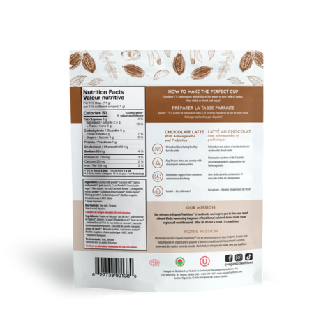 ORGANIC TRADITIONS CHOCOLATE LATTE WITH ASHWAGANDHA & PROBIOTICS